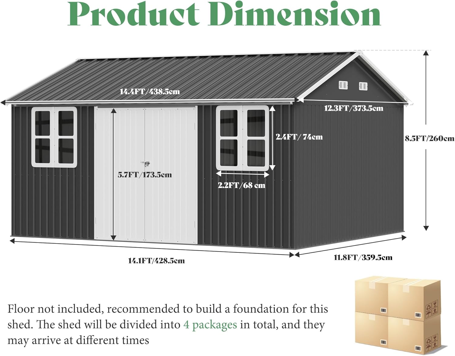 VanAcc 12x14x8.5 FT Galvanized Steel Outdoor Storage Shed with 2 4-Pane Windows Lockable Door, Nordic Cottage Shed for Backyard, Garden, Patio, Dark Grey/White