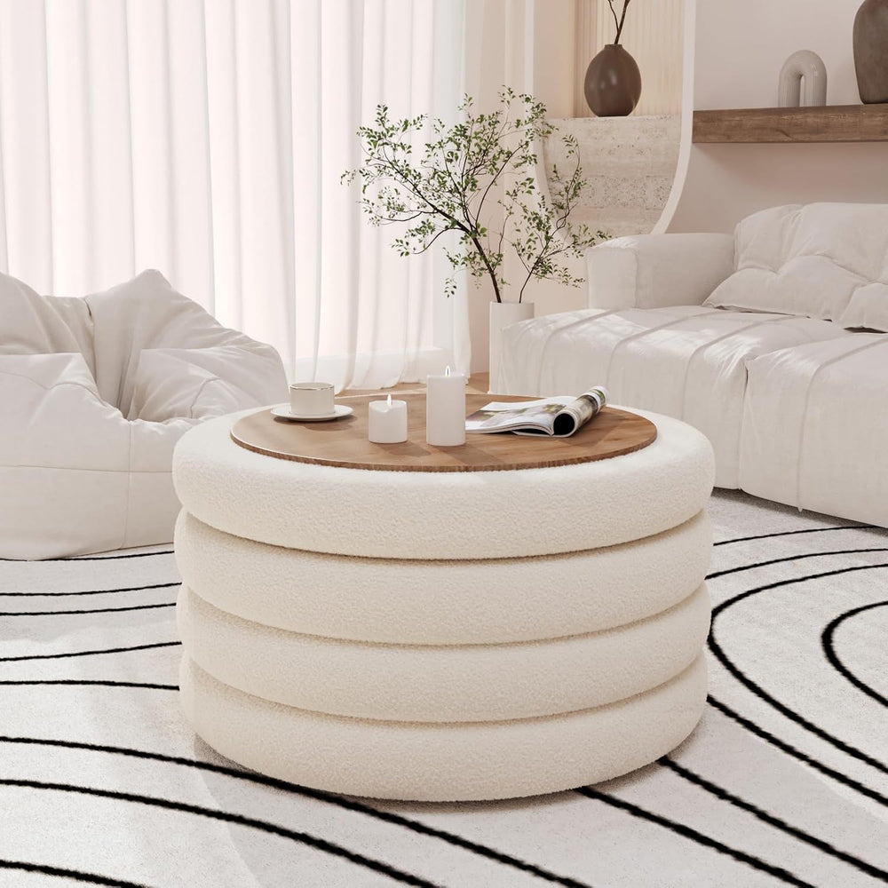 FiveWillowise 30 Inch Round Ottoman with Storage,Large Sherpa Coffee Table | ...