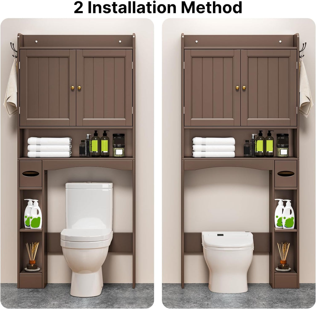 Ahomly Over The Toilet Storage Cabinet, 32.3" W Over Toilet Bathroom Organizer with Doors, Adjustable Shelves, Toilet Paper Holder, 2 Side Hooks, Space-Saver for Bathroom, Laundry, Espresso