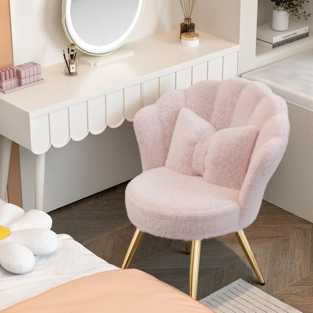 Plush Sherpa Accent Chair with Gold Metal Legs, Fluffy Vanity Chair for Makeu...