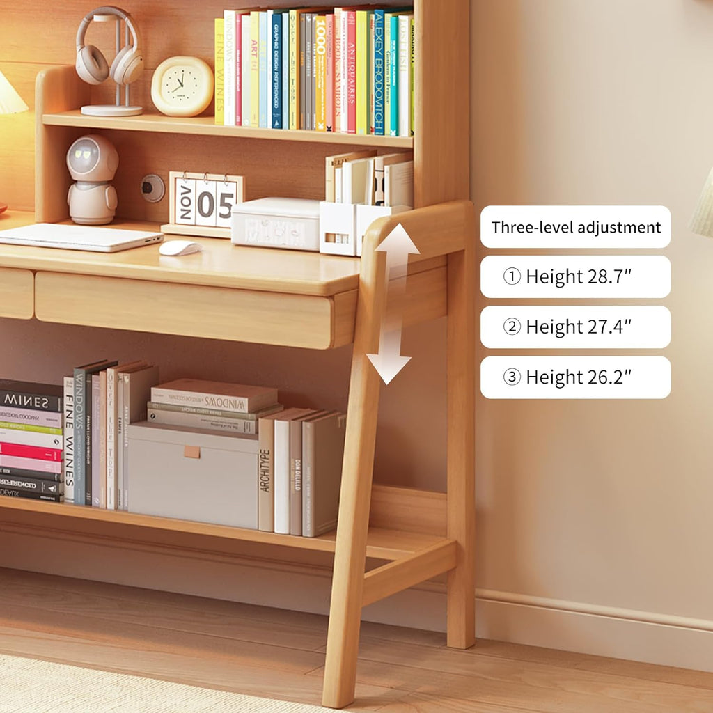 Adjustable Kids Study Desk with Hutch, Solid Wood Legs Children's Writing Table with Storage Shelf & Drawers, Wooden Student Workstation for Boys Girls Bedroom, Homeschool Art & Craft Desk, Natural