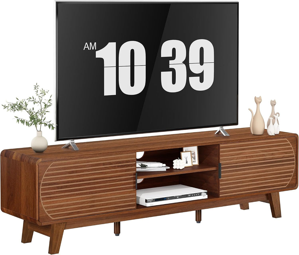 Turtle&Myrtle Mid Century Modern TV Stand with Sliding Doors, TV Consoles, Media Consoles for TV up to 70 Inch, Entertainment Center with Storagefor Living Room, 63 Inch (Walnut)