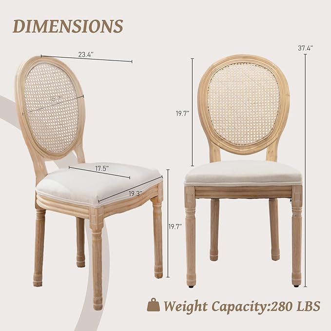 French Country Dining Chairs Set of 4,Farmhouse Upholstered Dining Room Chairs with Round Back and Solid Leg,Rattan Kitchen Chairs for Kitchen/Bedroom/Dining Room,Beige