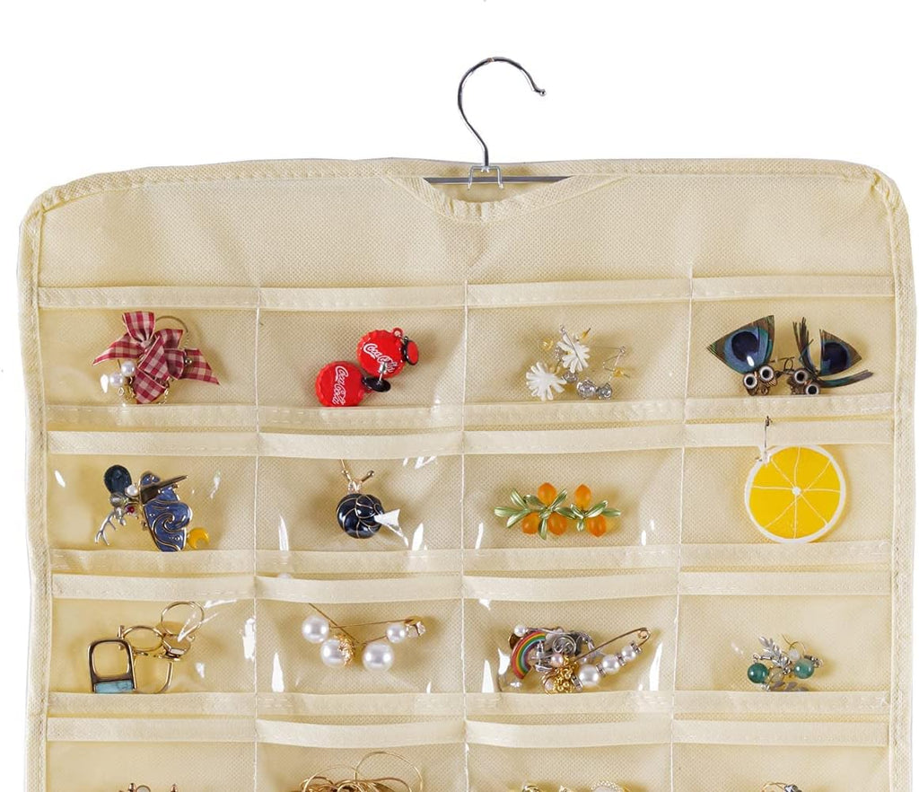 Bloss Hanging Jewelry Organizer 80 Pockets Hanging Double-Side Jewel Hanger For Jewelry Earring Storage, Jewelry Organizers and Storage for Wall, Door, Travel-Beige