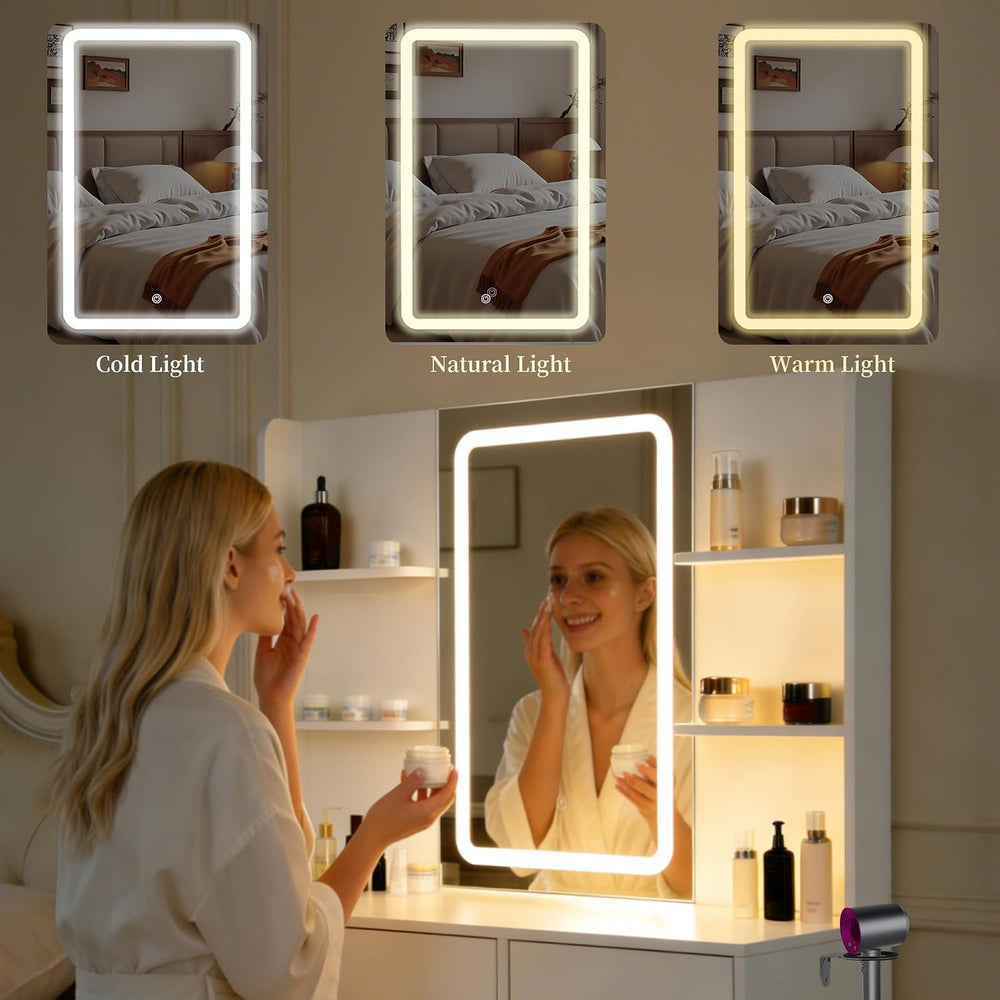 White LED Vanity Table with Three-Color Adjustable Light HD Mirror, USB Charg...