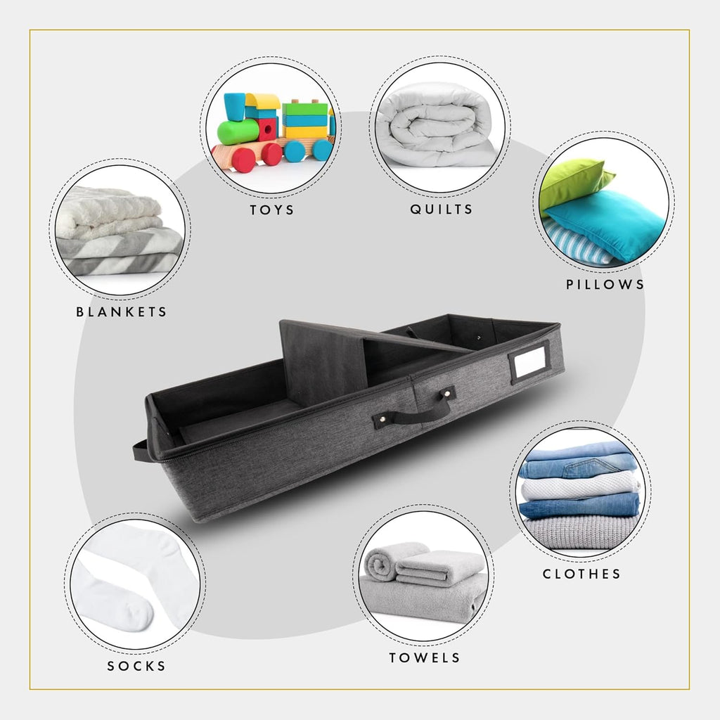 HOMELUX THEORY 2pc Low Profile Under Bed Storage Containers, Thin Under Couch Storage Organizer with Bins & Lids, Underbed Storage Box Ideal for Seasonal Clothes, Blankets, Fabric & Shoes (Dark Gray)