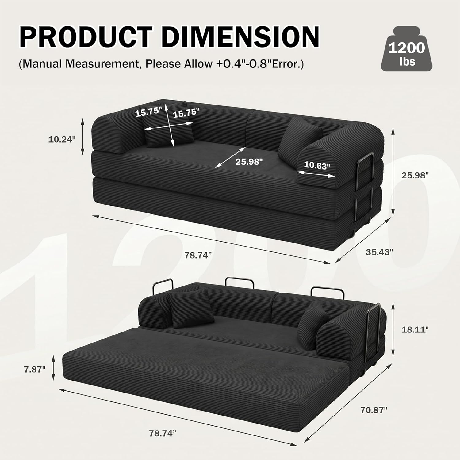 79" Convertible Sofa Bed, Futon Sleeper Sofa,Boneless Couch for Living Room | Corduroy Futon Sofa Bed, Modular Floor Couch with Pocket Springs and 2 Pillows, Couch Bed No Assembly | Black