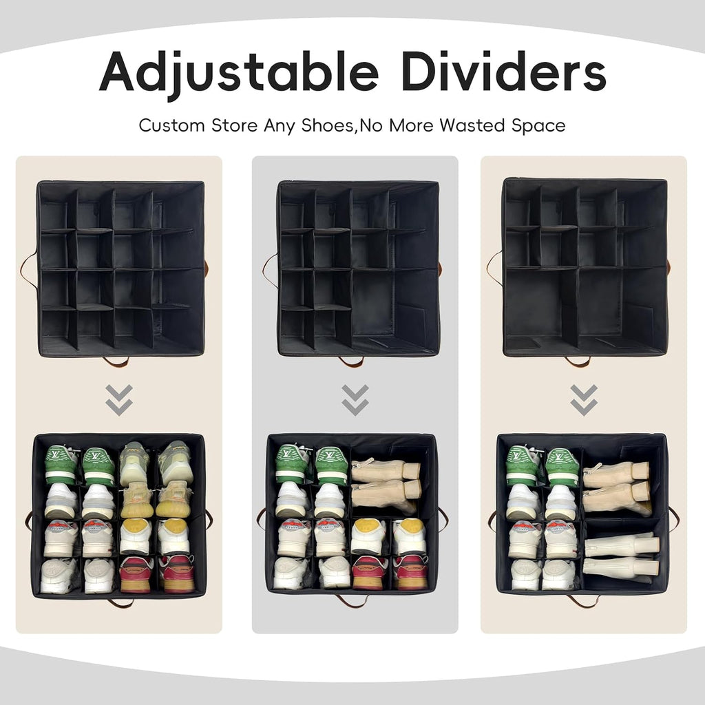 Shoe Organizer Box 2 Pack, Shoe Storage Organizer with Clear Cover, Adjustable Dividers Fits 16-32 Pairs, Fabric Shoe Organizer for Closet, Black