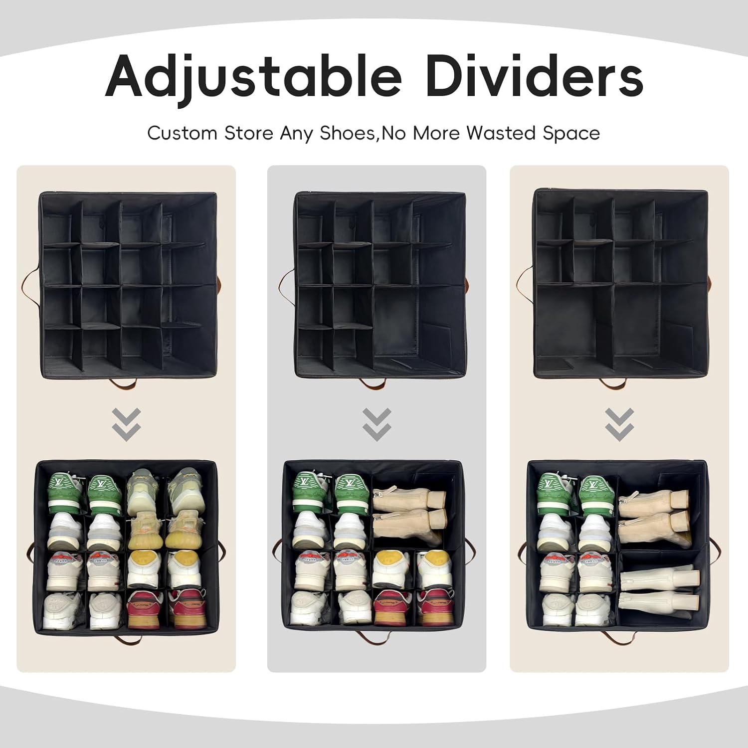 Shoe Organizer Box 2 Pack, Shoe Storage Organizer with Clear Cover, Adjustable Dividers Fits 16-32 Pairs, Fabric Shoe Organizer for Closet, Black