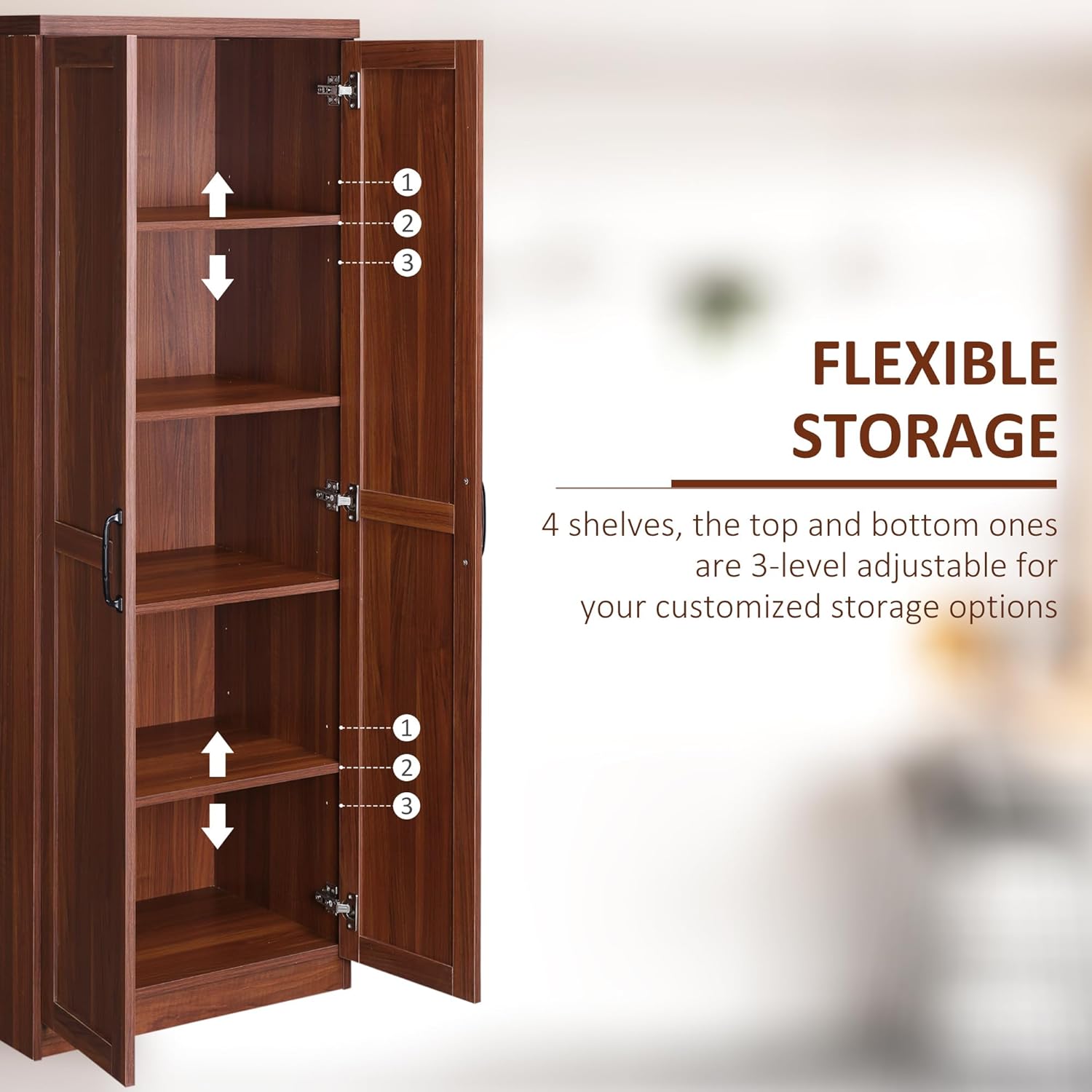 63" Kitchen Pantry, Freestanding Storage Cabinet with 5-Tier Shelving and 2 Adjustable Shelves, 2-Door, Brown, Easy to Maintain, for Dining Room
