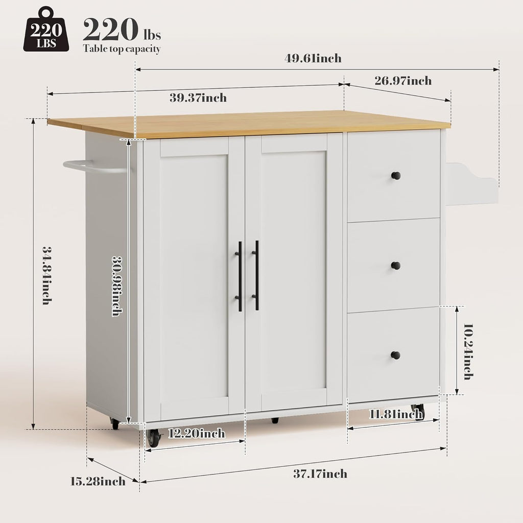 GRUSIGN Kitchen Island on Wheels with Storage-Multifunctional Kitchen Island Cart with Drop Leaf, Rolling Island with Spice/Towel Rack,Expandable Island Table Kitchen,39.37" Width,White