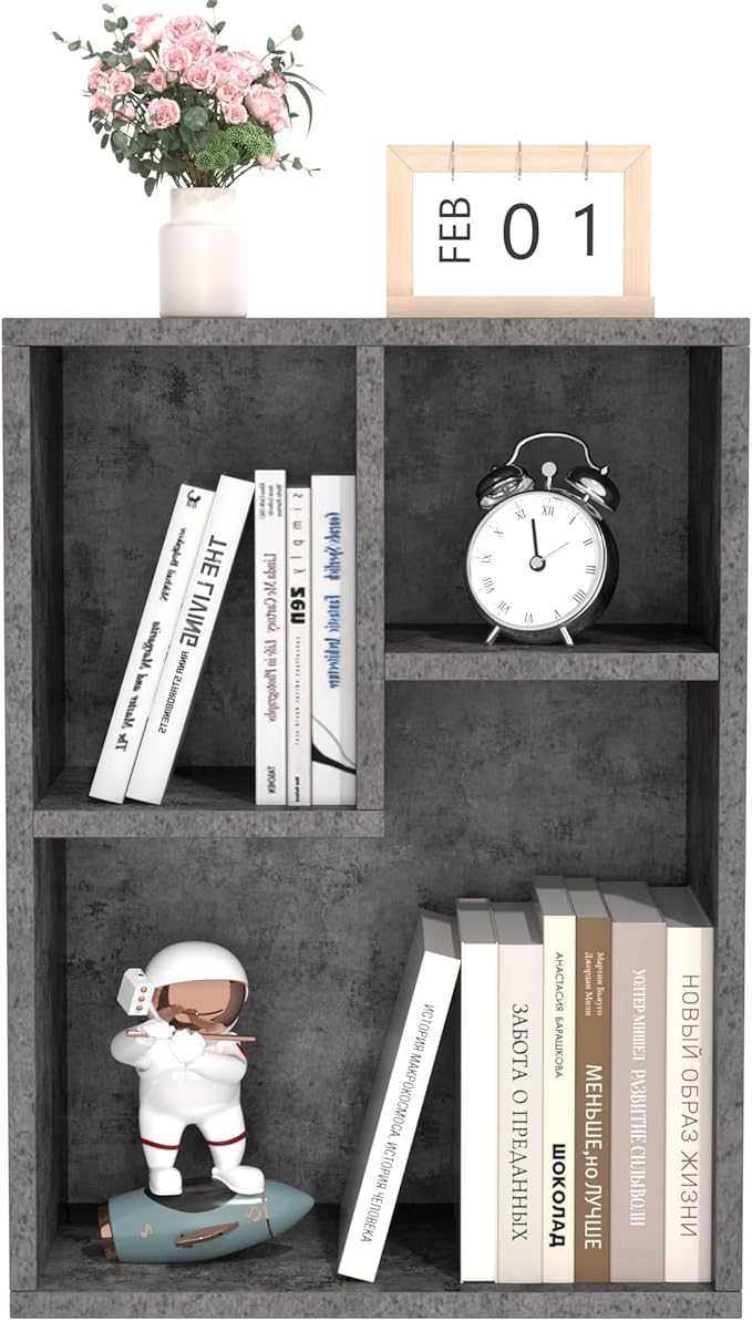 VECELO Small Bookshelf, 3 Cube Shelf, Fits Tallest Hardcovers, Horizontal Available, Short Bookcase for Small Spaces,Modern Gray