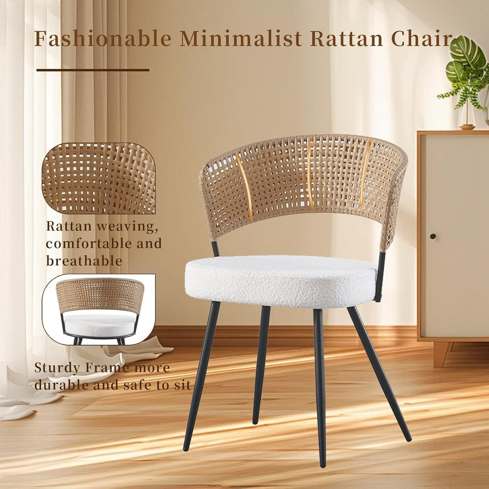 Rattan Dining Chairs Set of 4,Farmhouse Upholstered Teddy Cushion with PE Can...