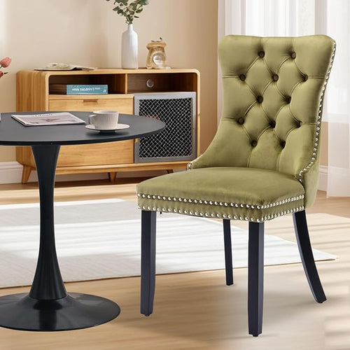3-Pieces 31.5" Round Dining Table Set for 2, Black Dining Table & Velvet Upholstered Dining Chairs Set of 2 for Kitchen Dining Room Apartment Small Space(Olive Green Chairs)