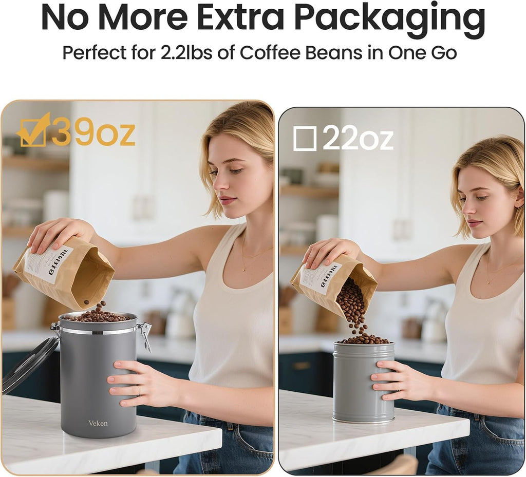 Veken Coffee Canister, 39OZ Large, Airtight Stainless Steel Food Storage Container for 2.2lbs Coffee Beans,Ground, Sugar,Espresso,Rice,Tea,Flour, Cereal,Home Kitchen Pantry Bar Accessories, Gifts,Gray