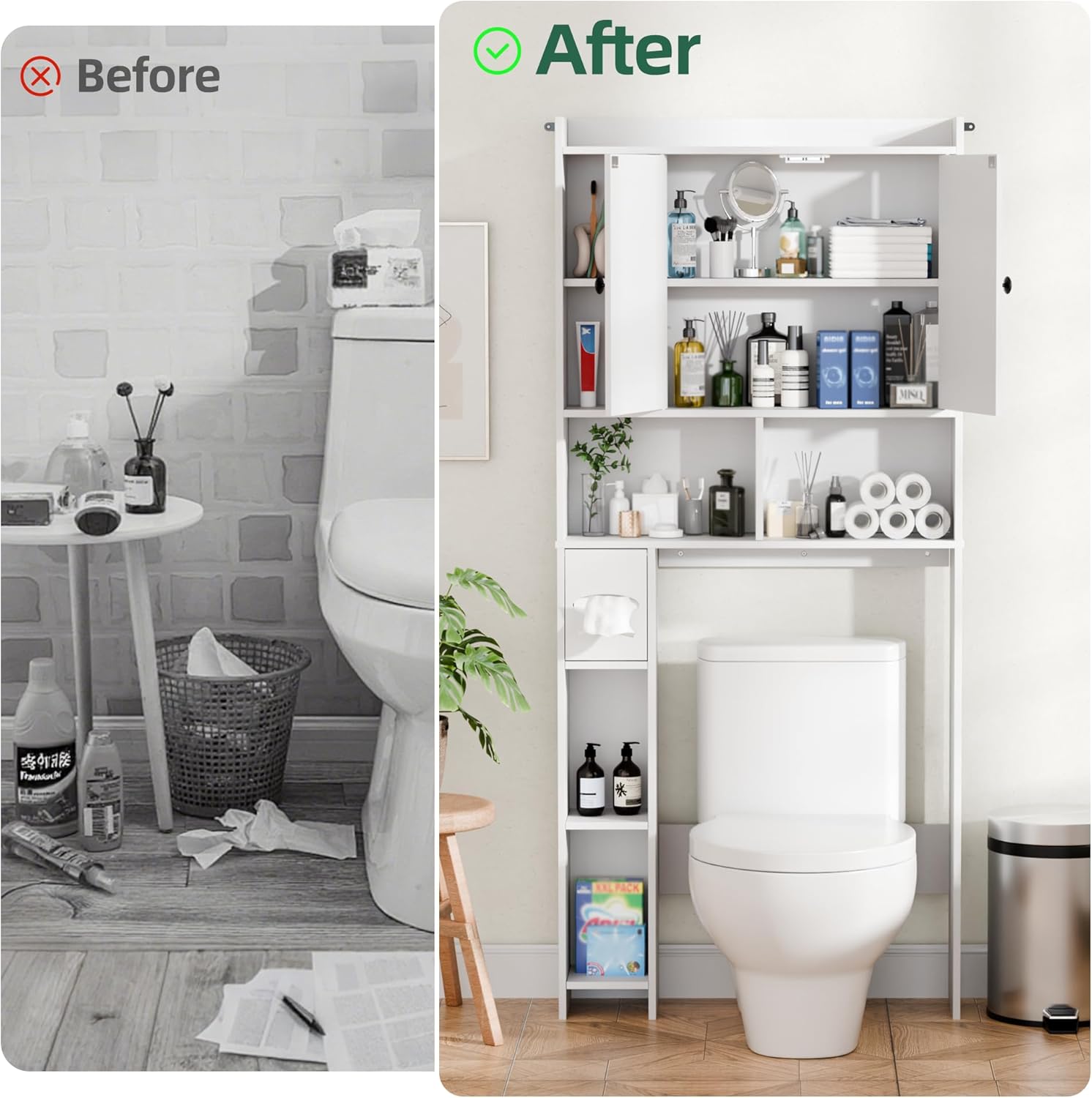 Over The Toilet Storage Cabinet with 2 Barn Door and Toilet Paper Holder Stand, Adjustable Shelf, Freestanding Organizer for Bathroom, or Laundry Room, White