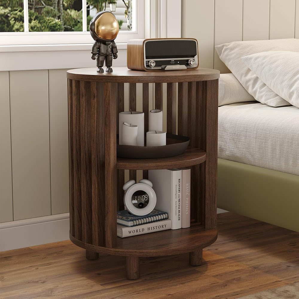 Round End Table Set of 2,Wood Side Tables for Living Room,Walnut