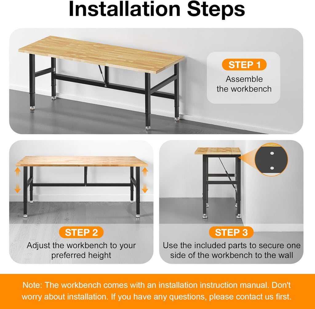 72” Folding Workbench, 3000 LBS Capacity Heavy Duty Workbench, Height Adjustable Foldable Work Table, Rubberwood Collapsible Desk for Workshop, Garage, Office, Home