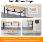 72” Folding Workbench, 3000 LBS Capacity Heavy Duty Workbench, Height Adjustable Foldable Work Table, Rubberwood Collapsible Desk for Workshop, Garage, Office, Home