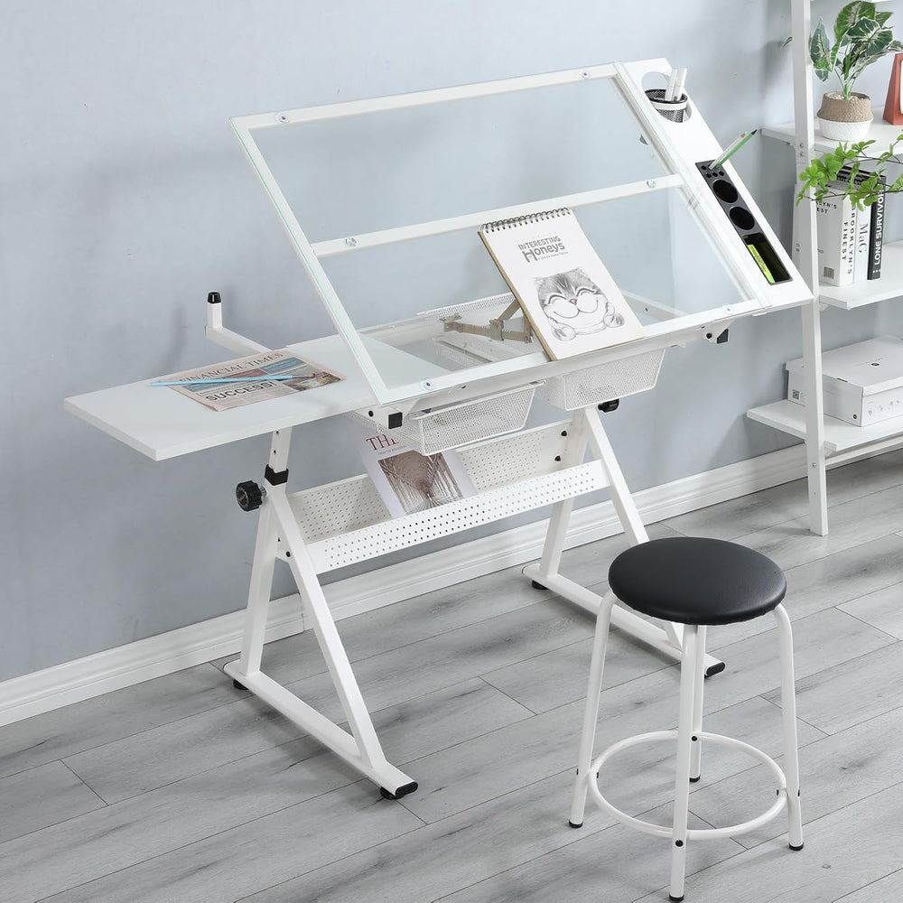Drafting Table with Stool, Height Adjustable Art Desk with Tilting Tempered G...