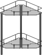 2 Tier Floor Standing Corner Shower Caddy Organizer Shelf with Hooks, Bathroom Shelves Stand Rack, Black