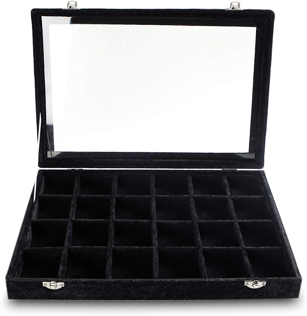 Frebeauty 24 Grid Earring Holder Organizer Tray, Jewelry Organizers and Storage for Drawer,Velvet Jewelry Display Storage for Earrings,Rings,Studs,10.5 x 6.5 x 1.2 Inches Gift for Women (Black)