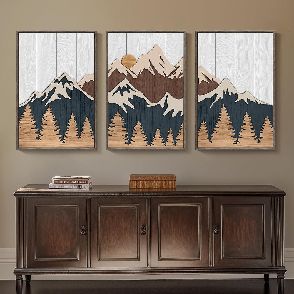 Large Framed 3D Wood Mountain Wall Art Decor for Living Room, 24x36 Inch