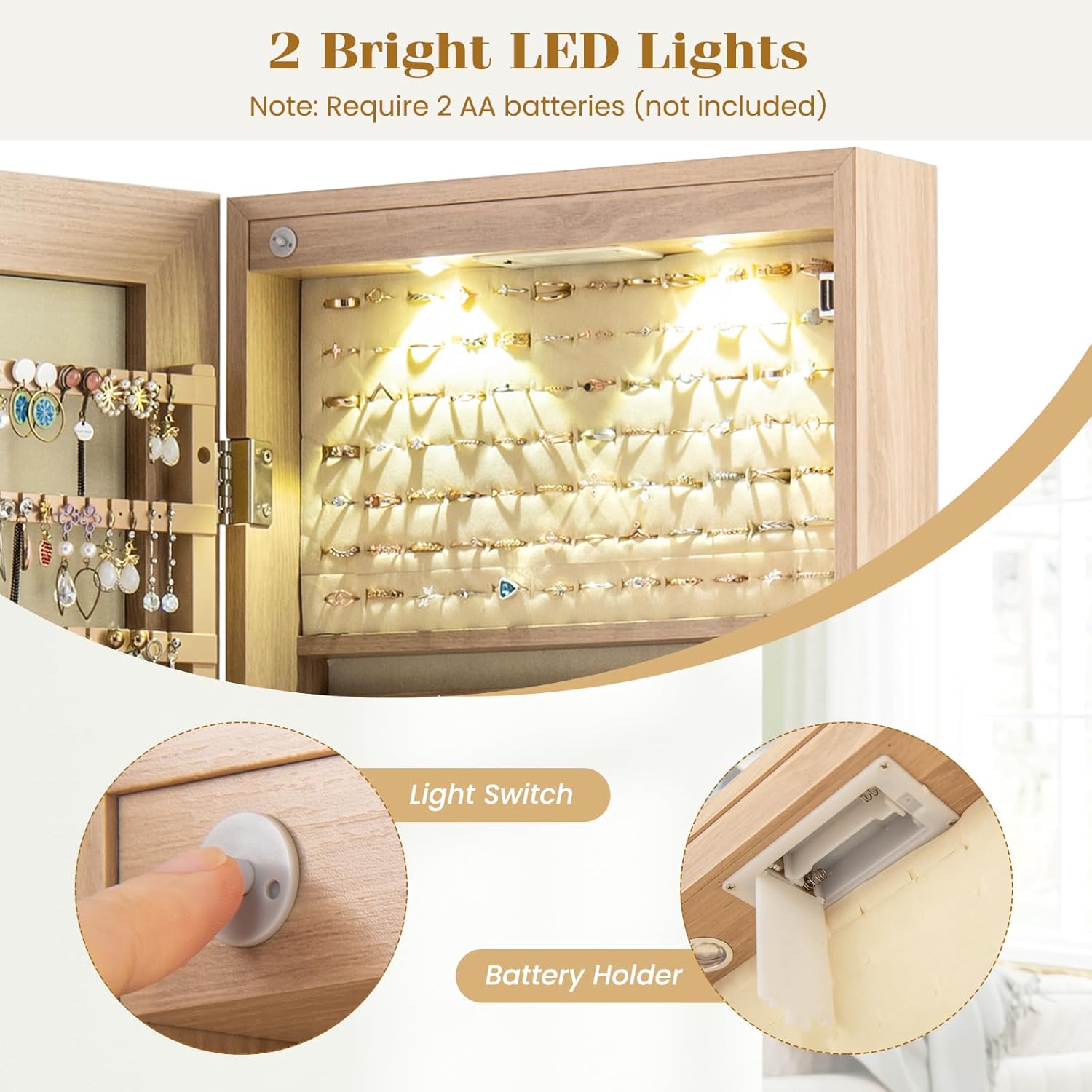 Giantex Wall or Door Mounted Jewelry Armoire with 47.5" Full Length Mirror, Lockable Cabinet with 2 LED Lights, 2 Drawers, Over the Door Large Jewelry Storage Organizer (Light Oak)