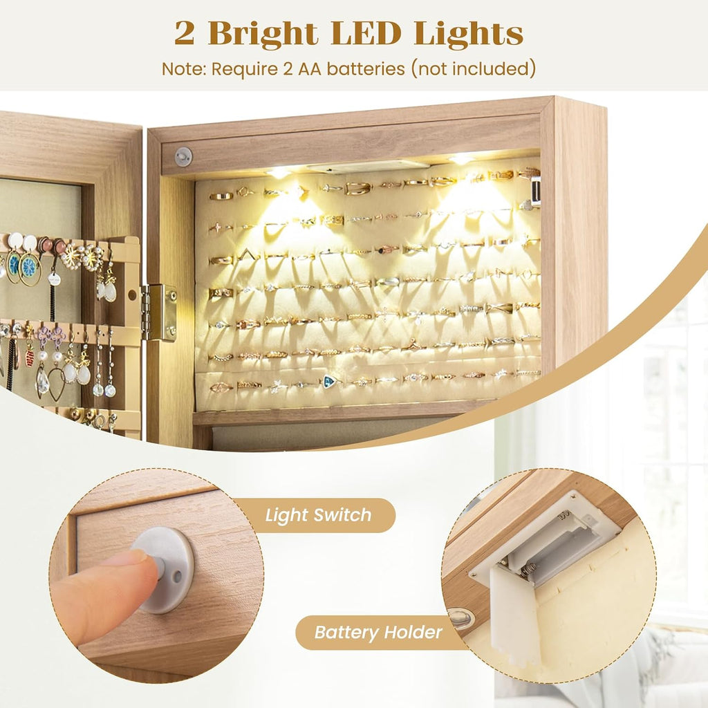 NAFORT 2 LEDs Full Length Mirror with Jewelry Armoire, Jewelry Organizers and Storage with 2 Mounting Options, 47.5”H Jewelry Cabinet with 2 Drawers, Make up & Lockable Jewelry Box, Natural Wood