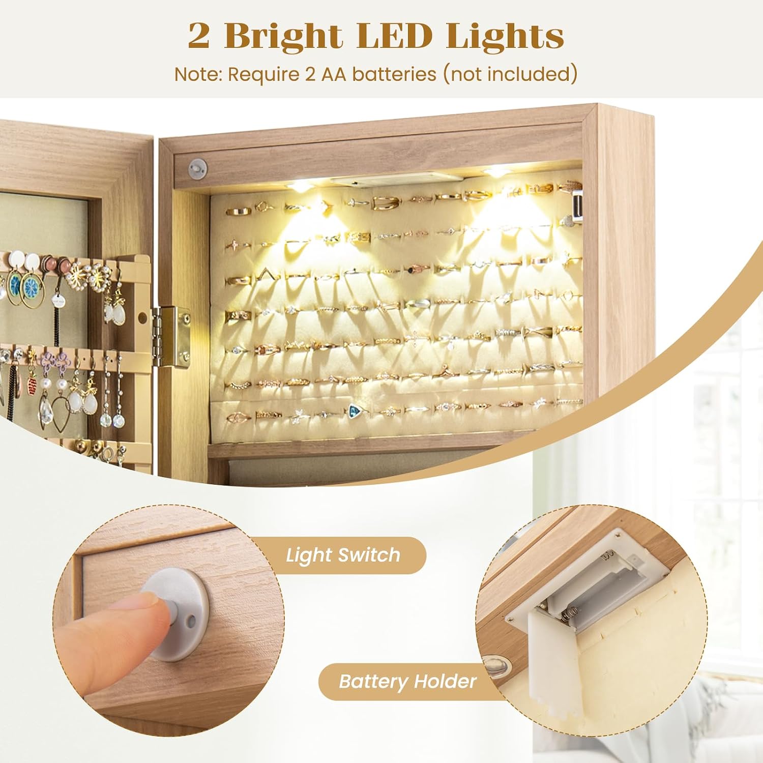NAFORT 2 LEDs Full Length Mirror with Jewelry Armoire, Jewelry Organizers and Storage with 2 Mounting Options, 47.5”H Jewelry Cabinet with 2 Drawers, Make up & Lockable Jewelry Box, Natural Wood