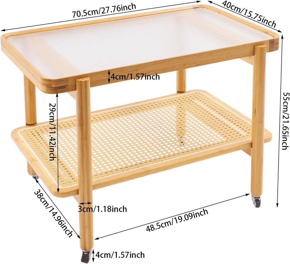 Bamboo Rattan End Table with Wheels, 2 Tier Modern Coffee Table Couch Side Ta...