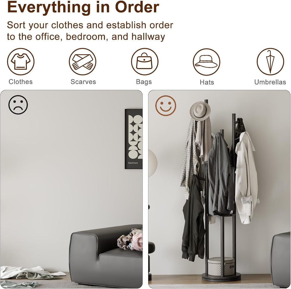 Muwuele Solid Wood Rotary Coat Rack, Freestanding Coat Rack with 3 Shelves an...