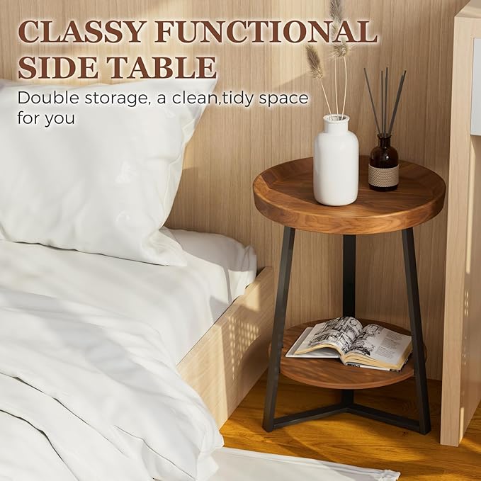 Gadroad Round End Table with Storage Shelf, 2 Tier Farmhouse Side Table Night...