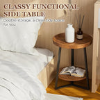 Gadroad Round End Table with Storage Shelf, 2 Tier Farmhouse Side Table Nightstand for Living Room, Bedroom, Wood Tabletop & Black Metal Frame, Brown 15.7 * 15.7 * 23.0inches