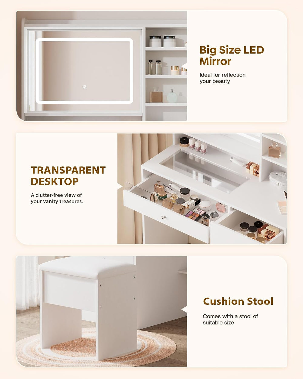 LIVELYGLOW 39.4" White Vanity Desk Set with Glass Desktop & RGB Ligh...