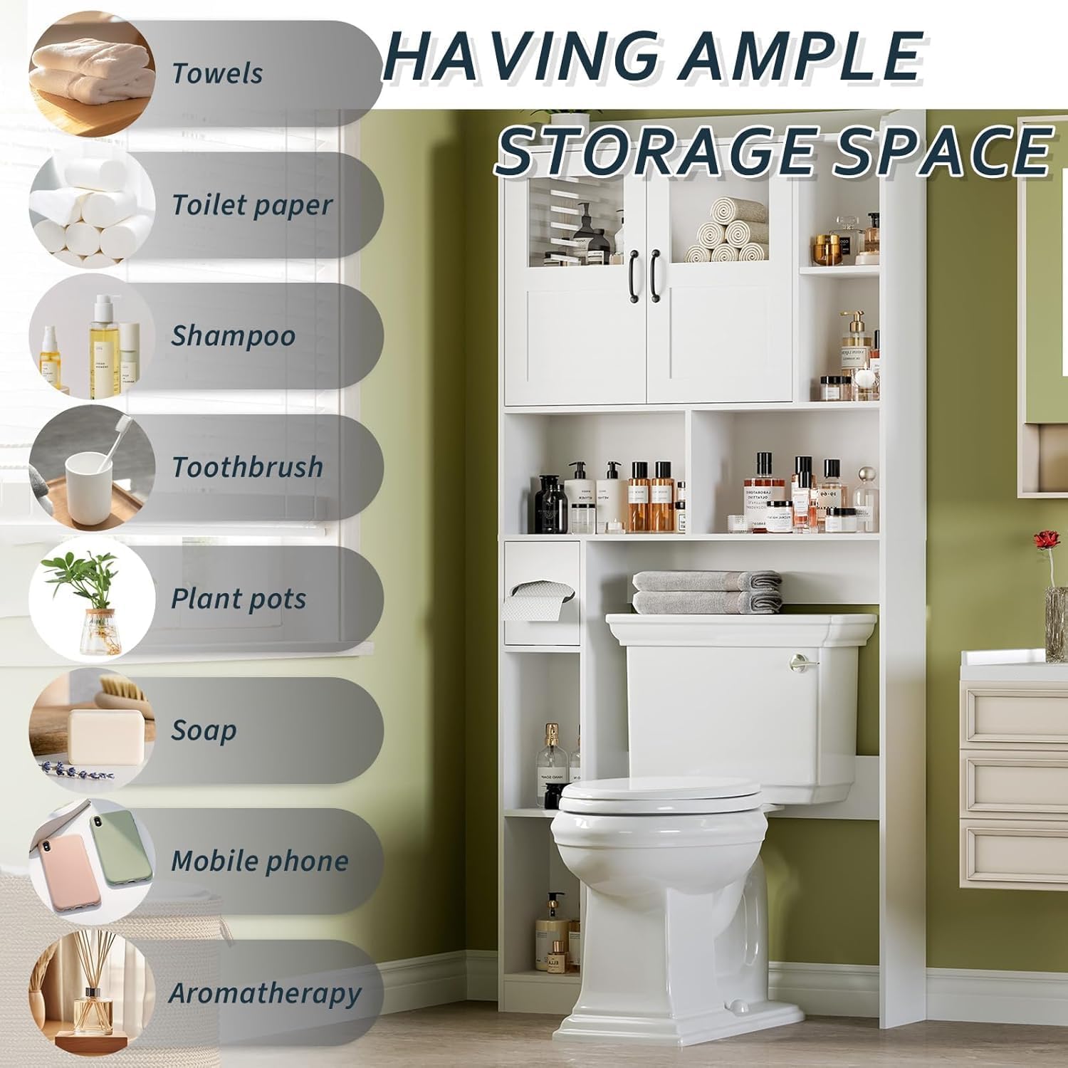 Over Toilet Storage Cabinet, 67 Inch Wall Mounted Tall Cabinet, Freestanding Bathroom Organizer Shelf for Bathroom, Restroom, Laundry, White