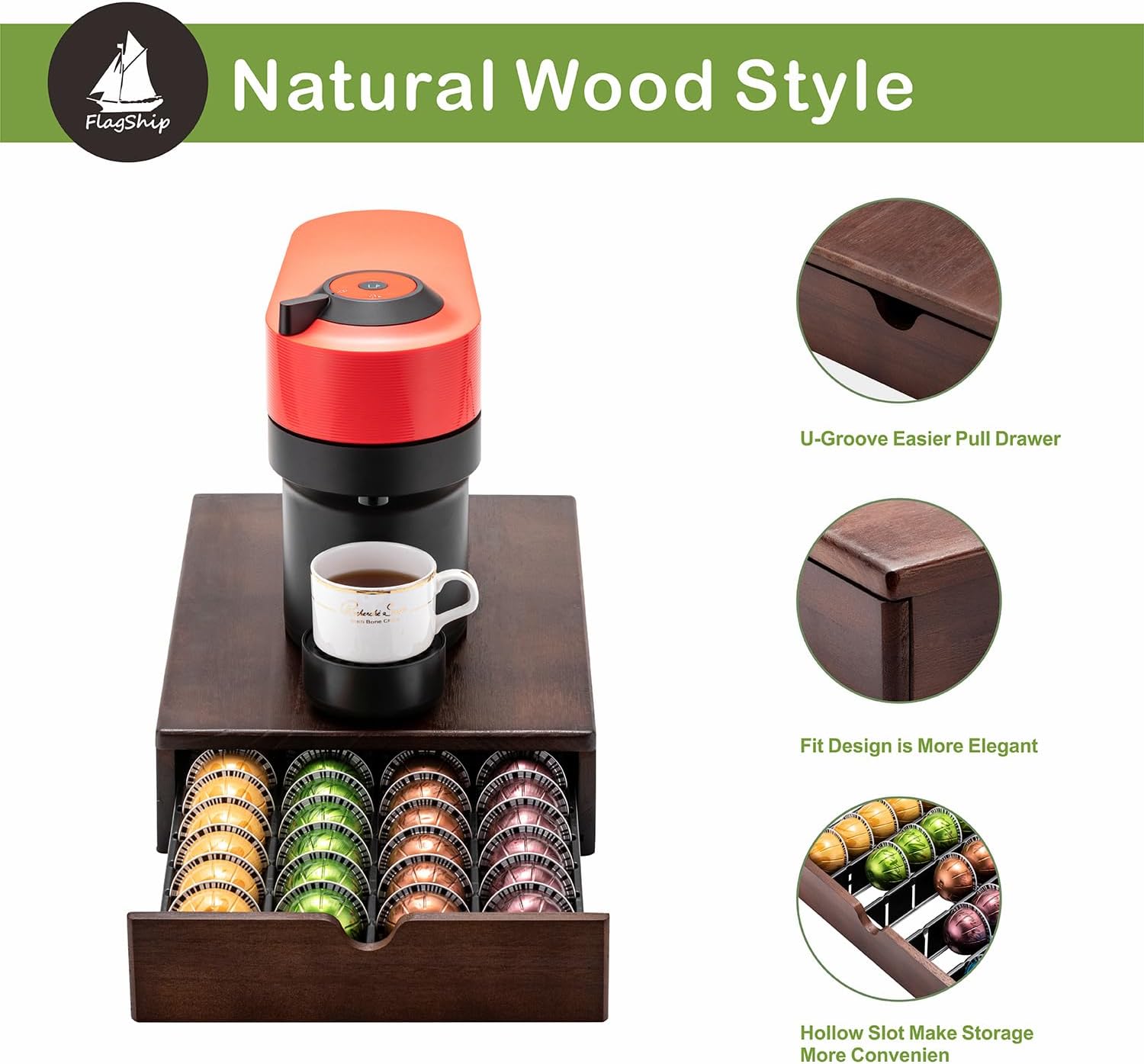 Flagship Vertuo Pod holder for Nespresso Pod Drawer Coffee Pod Organizer Modern Style & Coffee Machine Stand Wood Frame(40 Pods Capacity)
