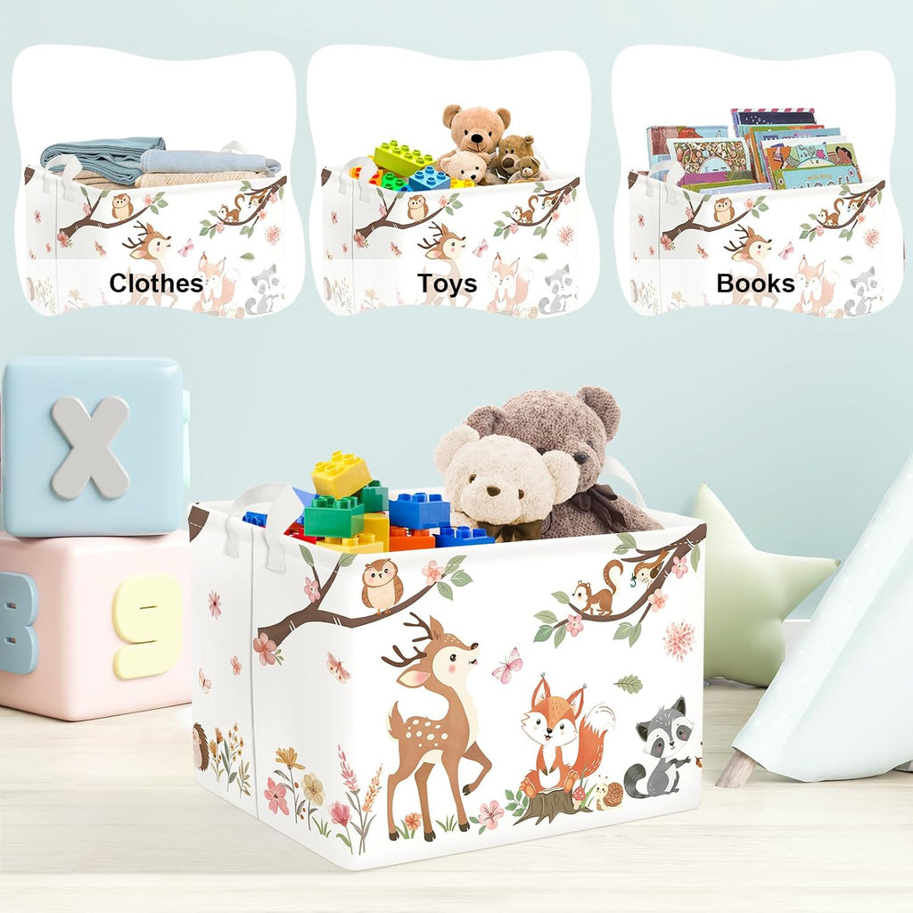 Clasty Animal Flower Kid Storage Basket Foldable Laundry Hamper, 36L Fox | Rectangle Clothes Book Gift Toy Organizer Bin, Playroom Bedroom Bathroom, Deer Raccoon, Girl Woodland Nursery Decor Basket