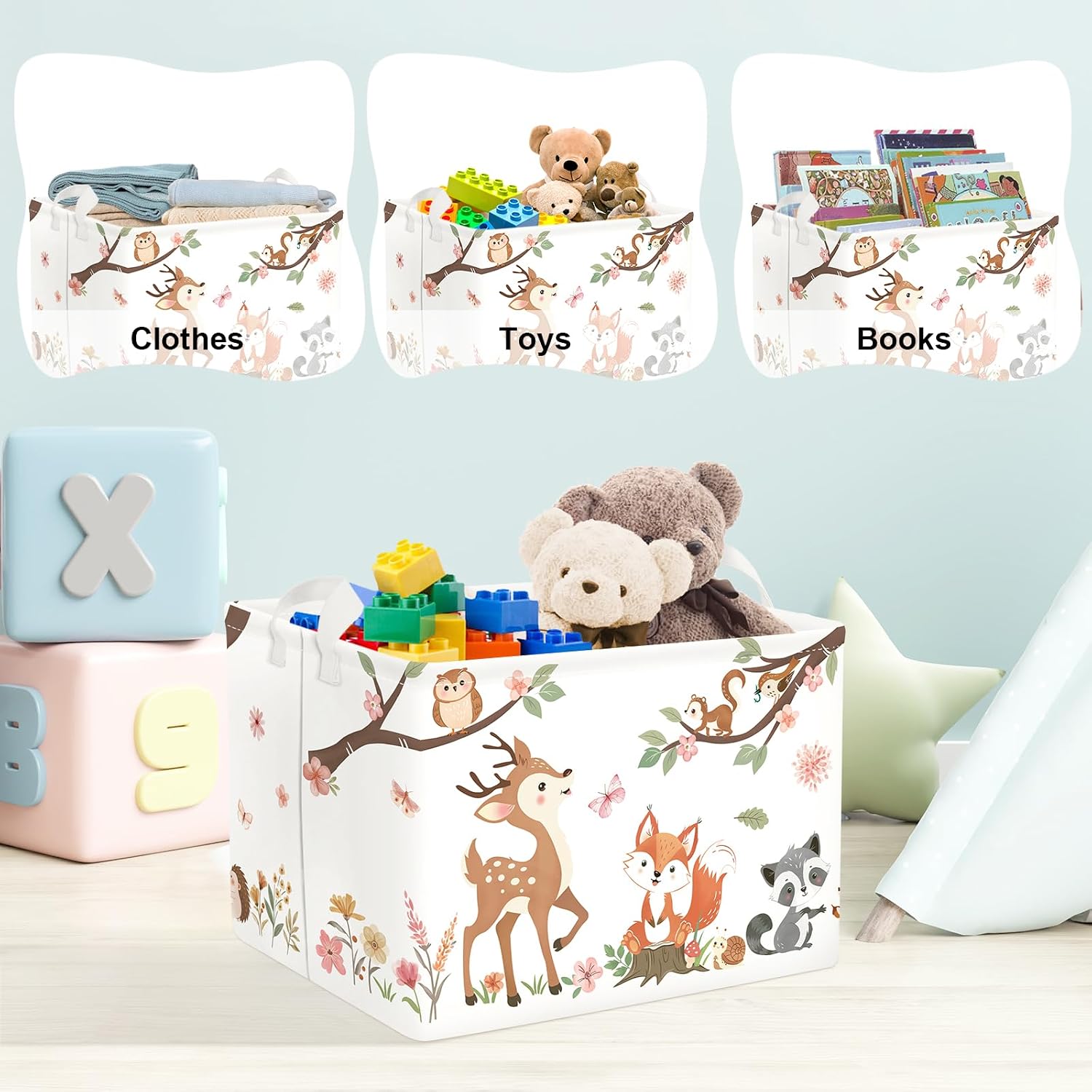 Clasty Animal Flower Kid Storage Basket Foldable Laundry Hamper, 36L Fox | Rectangle Clothes Book Gift Toy Organizer Bin, Playroom Bedroom Bathroom, Deer Raccoon, Girl Woodland Nursery Decor Basket