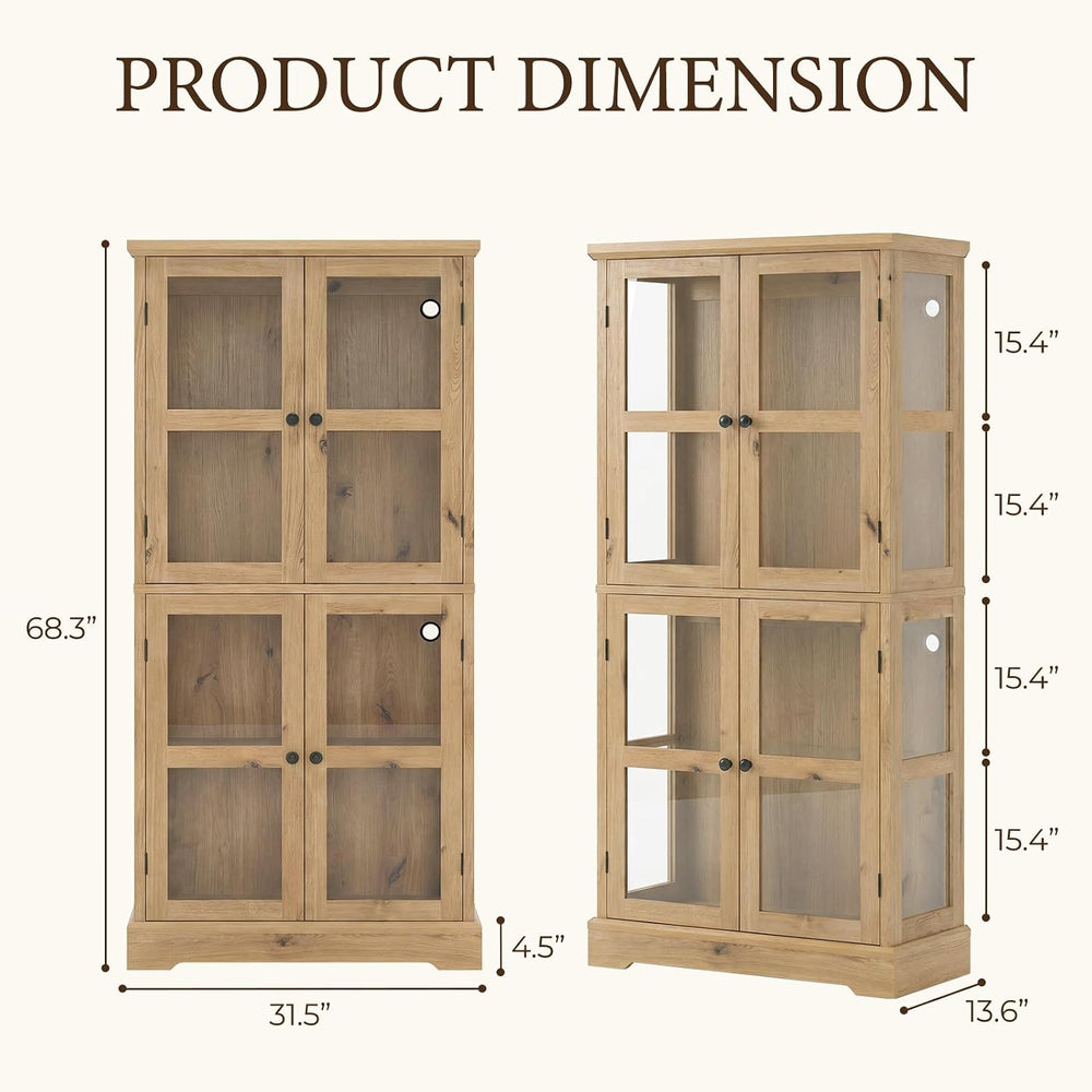 68" Tall Glass Display Cabinet with RGB LED Lights, Yellow Oak | 4-Tier ...