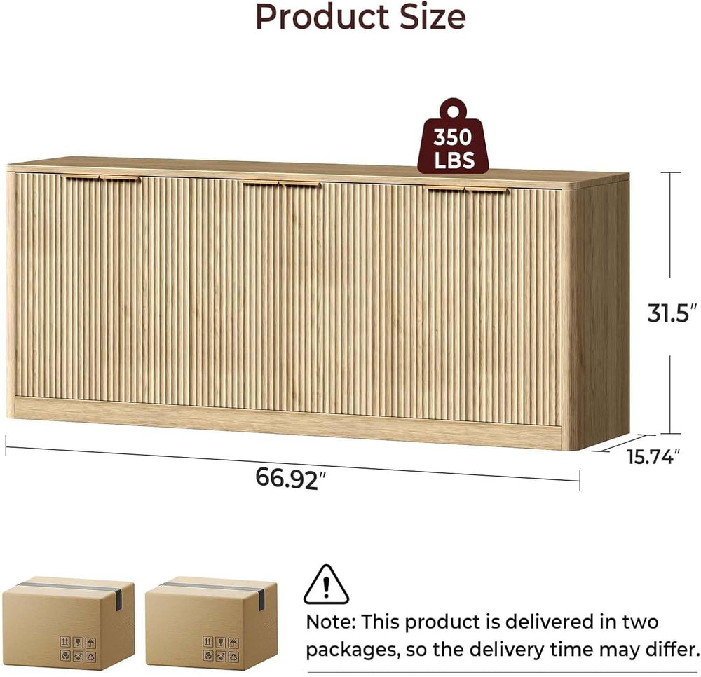 67 Inch Fluted Oak Buffet Cabinet Sideboard with 6 Doors, Large Wood Credenza...