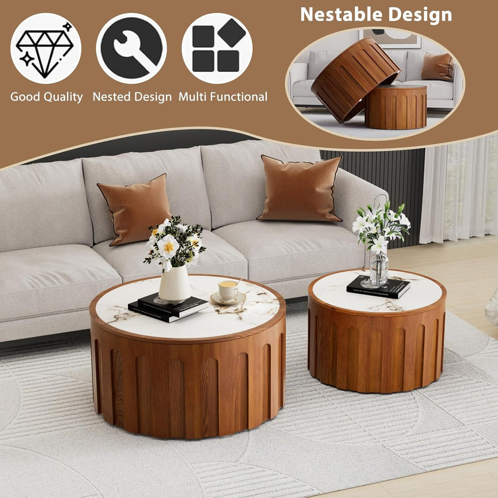 Modern Fluted Nesting Coffee Table Set of 2 | 26.4 in & 19.7 in Round Dru...