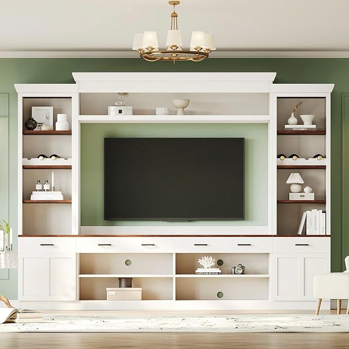 Farmhouse 4-Piece Entertainment Center with Bookshelf for TVs Up to 70", TV Stand with Adjustable Shelves, Mid-Century Media Console with Wine Rack for Living Room (White+Deep Walnut1)