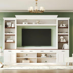 Farmhouse 4-Piece Entertainment Center with Bookshelf for TVs Up to 70", TV Stand with Adjustable Shelves, Mid-Century Media Console with Wine Rack for Living Room (White+Deep Walnut1)