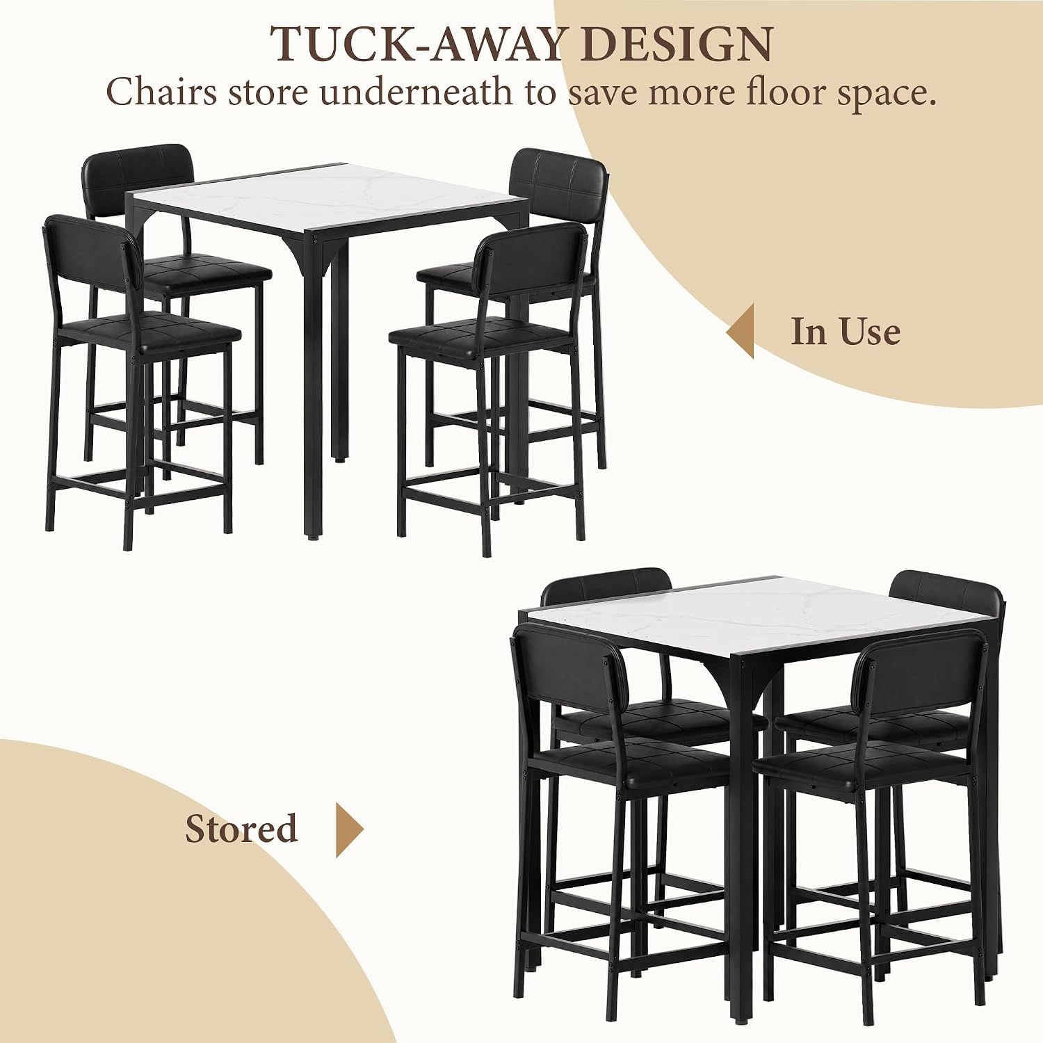 XIAO WEI 5-Piece Counter Height Dining Table Set for 4, Marble-Look, Black | Counter height table, Dining table set for 4, Wide padded chairs, Marble-look top, Space-saving tuck-away frame