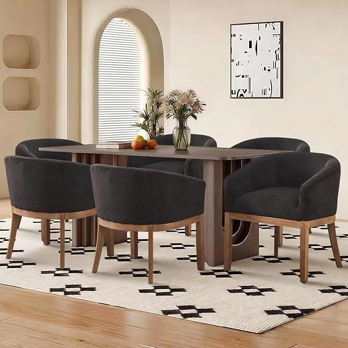 SoarFlash Mid Century Modern Upholstered Barrel Dining Chairs Set of 4, Farmhouse Linen Kitchen and Dining Room Chairs, with Natural Hardwood Frame (Black)