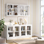 NEWOWNDS 58" W Wall Storage Cabinets for Laundry Room with Tempered Glass | Floating Hanging Wall Mounted Storage Cabinets for with Adjustable Shelf for Bathroom,Kitchen,Garage,White,Curved Edges