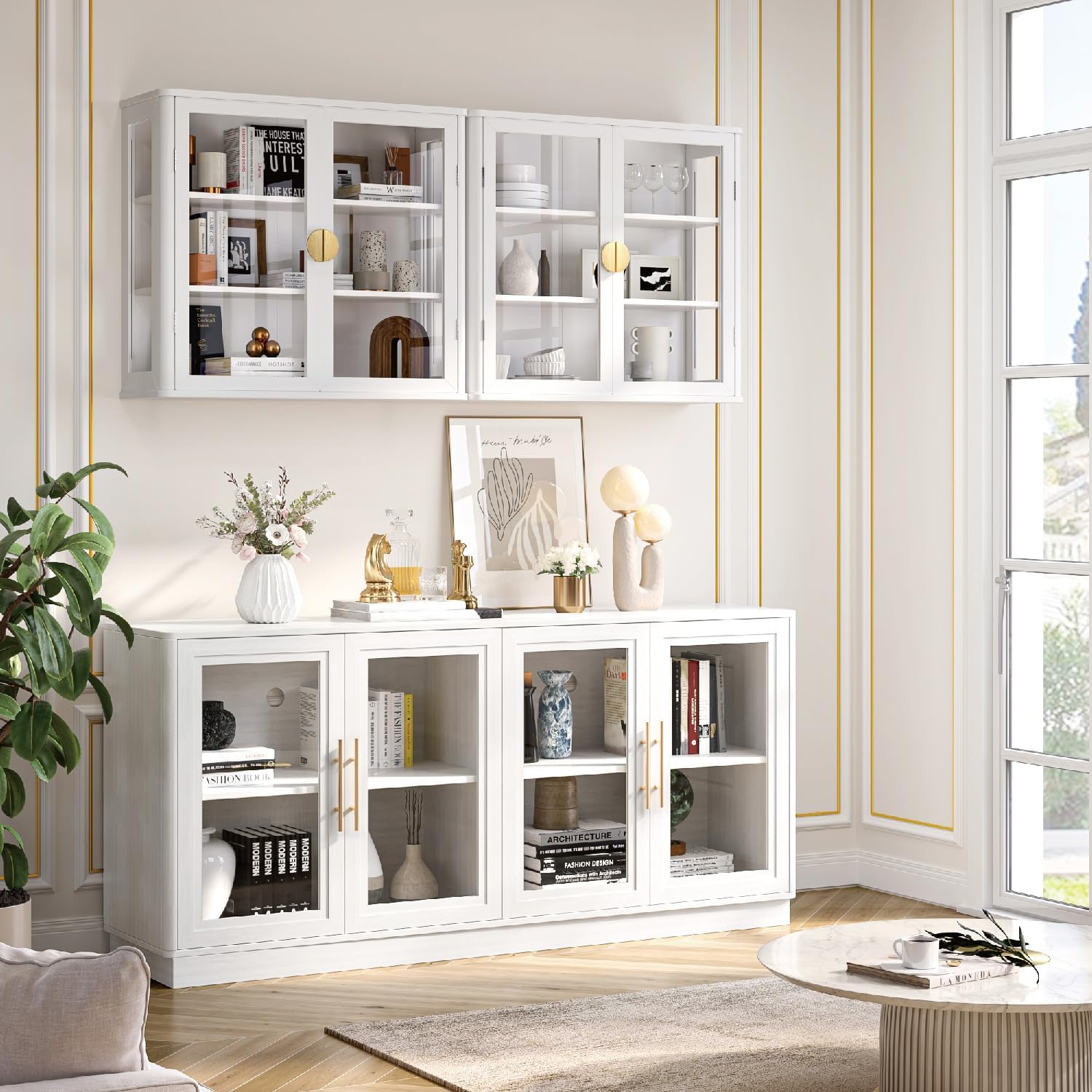 NEWOWNDS 58" W Wall Storage Cabinets for Laundry Room with Tempered Glass | Floating Hanging Wall Mounted Storage Cabinets for with Adjustable Shelf for Bathroom,Kitchen,Garage,White,Curved Edges