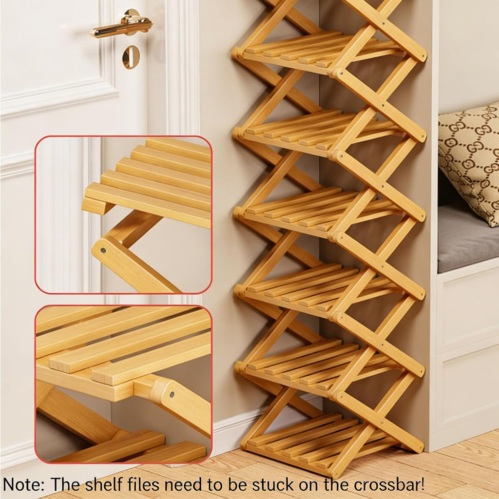 2-10 Tiers No-Assembly Bamboo Rack, No-Tool Assembly, Foldable Storage Shelf, Vertical Shoe Organizer for Small Spaces, The 9-Tier No-Assembly Bamboo Rack (Natural,9 Tier)