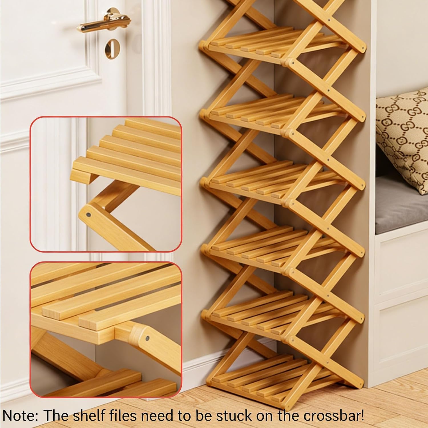 2-10 Tiers No-Assembly Bamboo Rack, No-Tool Assembly, Foldable Storage Shelf, Vertical Shoe Organizer for Small Spaces, The 9-Tier No-Assembly Bamboo Rack (Natural,9 Tier)